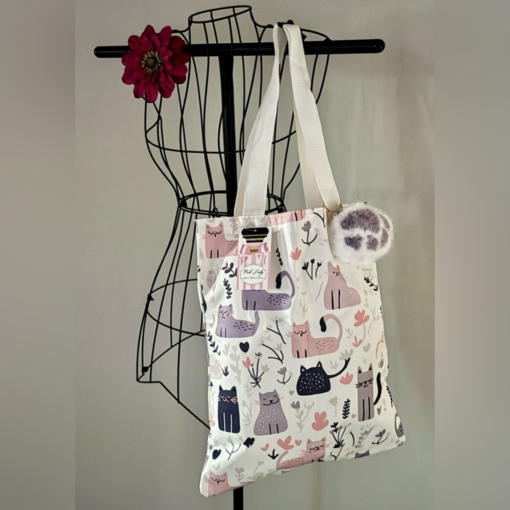 New Pink & Purple Cats Shopping Bag Purse Tote w/ Fuzzy Paw Charm - 16” - Picture 8 of 9